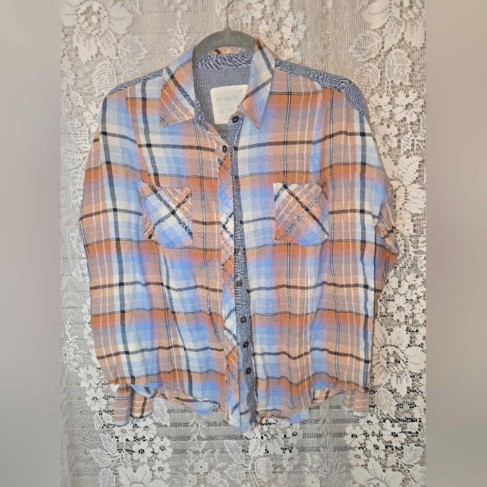We The Free Blue and Orange Checkered Button Down Shirt, Womens Small